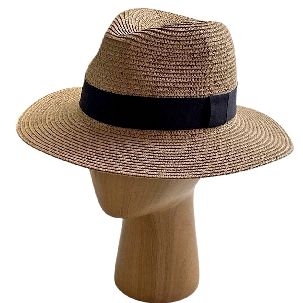 Straw Sun Hat Tan Fedora with Black Sash New with Tags One Size Adjustable Band - Picture 2 of 15